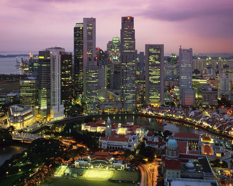 Singapore Skyline at Dusk — Purple, Dramatic, Sunset, Photograph, Skyscrapers, River, Buildings, Bridge, Yellow