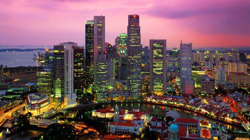 Singapore Skyline at Dusk — Purple, Dramatic, Sunset, Photograph, Skyscrapers, River, Buildings, Sky