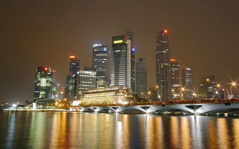 Singapore Skyline at Night — Black, Calm, Photograph, Skyscrapers