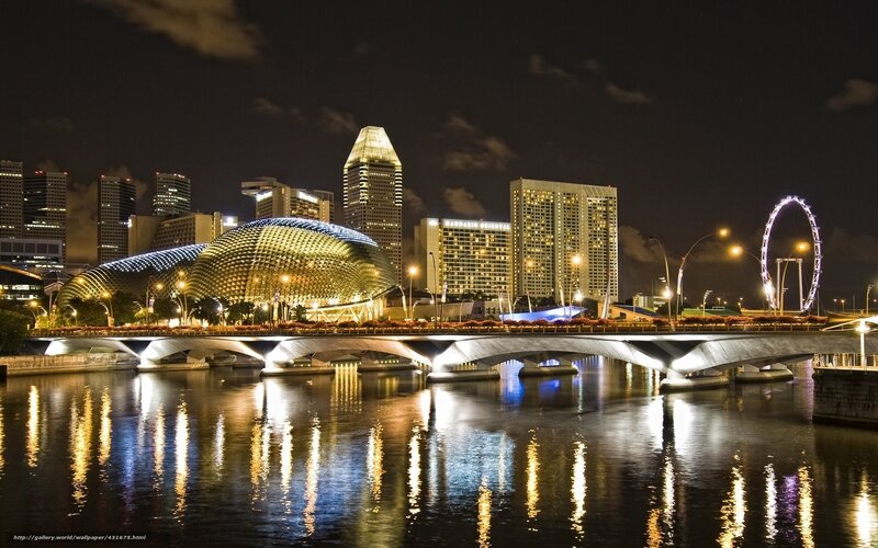 Singapore Skyline at Night — Black, Dramatic, Photograph, Bridge, Skyscrapers