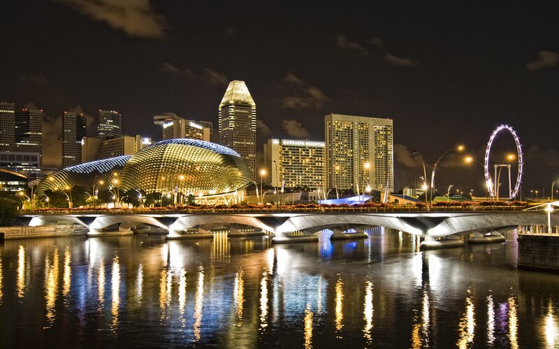 Singapore Skyline at Night — Black, Dramatic, Photograph, Bridge