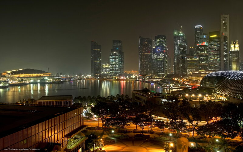 Singapore Skyline at Night — Black, Dramatic, Photograph, Skyscrapers, Bay