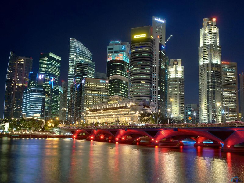 Singapore Skyline at Night — Black, Dramatic, Photograph, Skyscrapers, Bridge, River