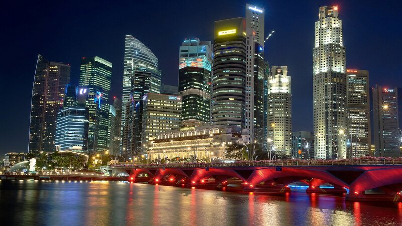 Singapore Skyline at Night — Black, Dramatic, Photograph, Skyscrapers, Bridge