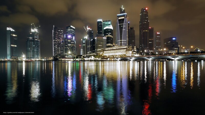 Singapore Skyline at Night — Black, Dramatic, Photograph, Skyscrapers, Bridge, Water