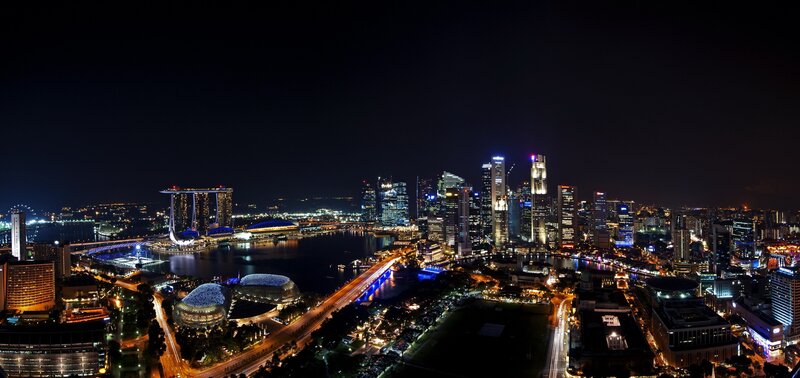 Singapore Skyline at Night — Black, Dramatic, Photograph, Skyscrapers, Marina Bay Sands, Bridge