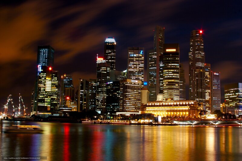 Singapore Skyline at Night — Black, Dramatic, Photograph, Skyscrapers, River, Boat