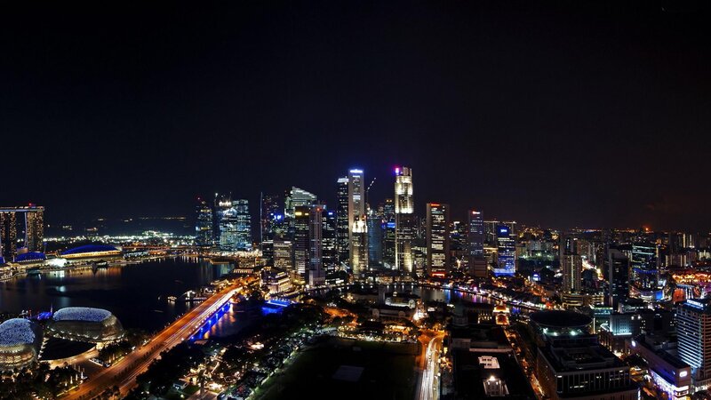 Singapore Skyline at Night — Black, Dramatic, Photograph, Skyscrapers, River, Bridges
