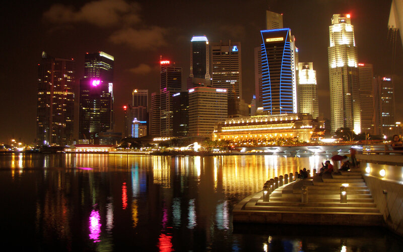 Singapore Skyline at Night — Black, Dramatic, Photograph, Skyscrapers, River, Buildings, People
