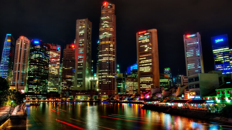 Singapore Skyline at Night — Black, Dramatic, Photograph, Skyscrapers, River, Buildings