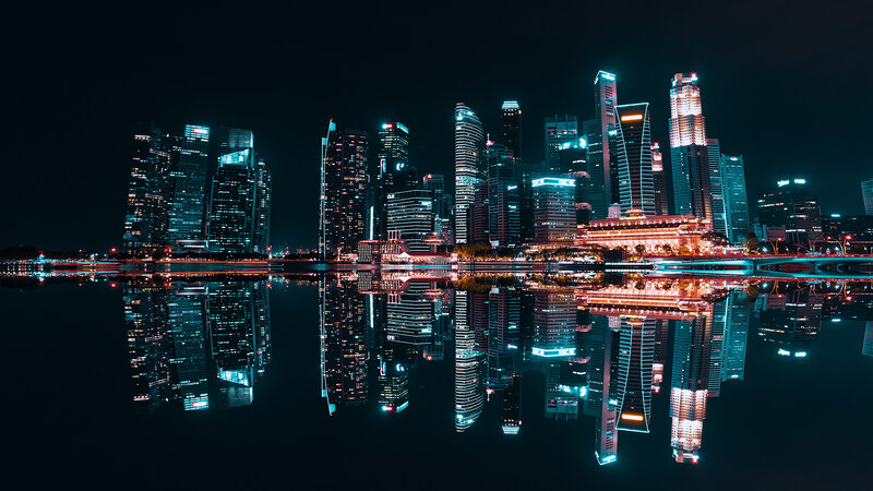 Singapore Skyline at Night — Black, Dramatic, Photograph, Skyscrapers, Water