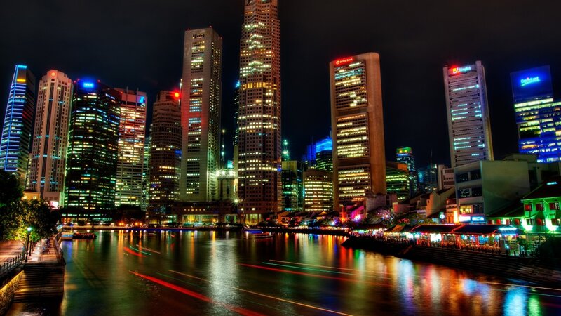 Singapore Skyline at Night — Black, Dramatic, Photograph
