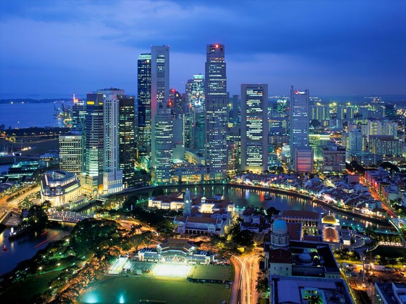 Singapore Skyline at Night — Blue, Calm, Photograph, Skyscrapers, River