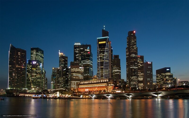 Singapore Skyline at Night — Blue, Calm, Photograph, Skyscrapers