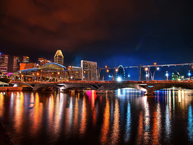 Singapore Skyline at Night — Blue, Dramatic, Photograph, Bridge, River