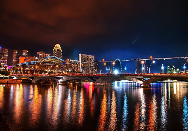 Singapore Skyline at Night — Blue, Dramatic, Photograph, Bridge