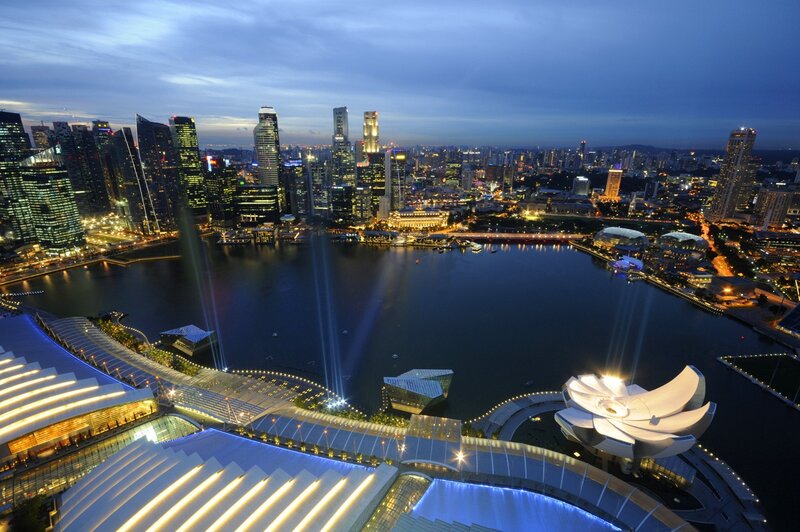 Singapore Skyline at Night — Blue, Dramatic, Photograph, Skyscrapers, Bay
