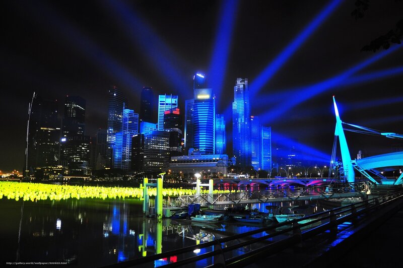 Singapore Skyline at Night — Blue, Dramatic, Photograph, Skyscrapers, Bridge, Lights