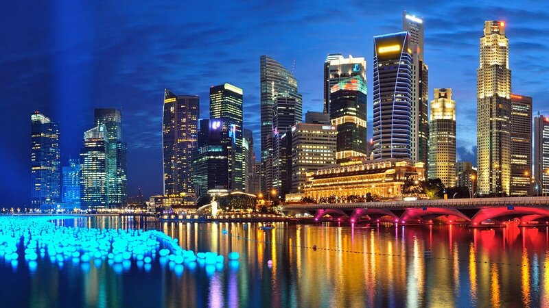 Singapore Skyline at Night — Blue, Dramatic, Photograph, Skyscrapers, Bridge, Water