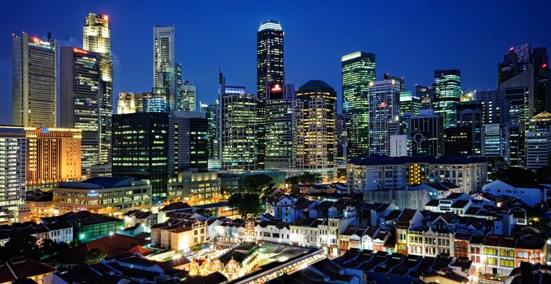 Singapore Skyline at Night — Blue, Dramatic, Photograph, Skyscrapers, Buildings