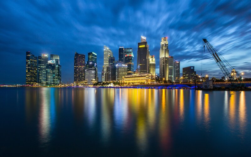 Singapore Skyline at Night — Blue, Dramatic, Photograph, Skyscrapers, Crane