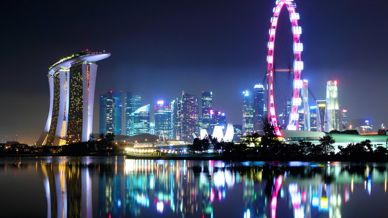Singapore Skyline at Night — Blue, Dramatic, Photograph, Skyscrapers, Ferris Wheel