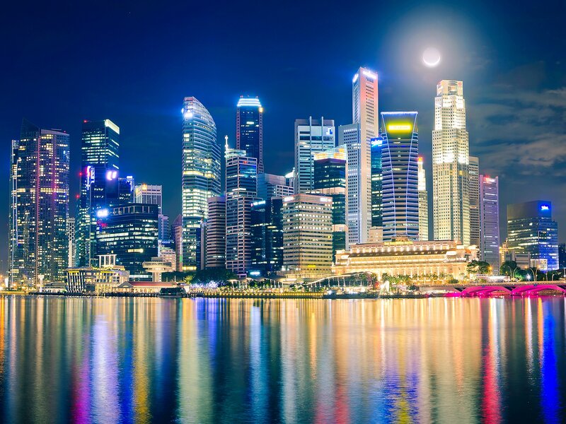 Singapore Skyline at Night — Blue, Dramatic, Photograph, Skyscrapers, Moon