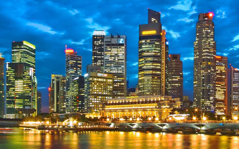 Singapore Skyline at Night — Blue, Dramatic, Photograph, Skyscrapers, River, Bridge, Hotel