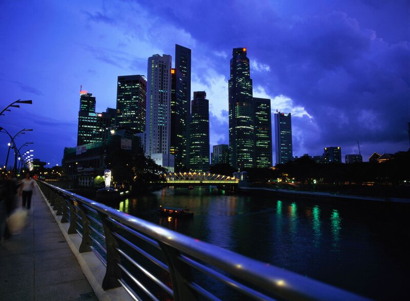 Singapore Skyline at Night — Blue, Dramatic, Photograph, Skyscrapers, River, Bridge, Pedestrian