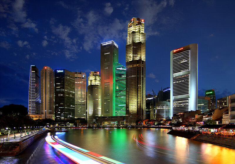 Singapore Skyline at Night — Blue, Dramatic, Photograph, Skyscrapers, River, Light Trails