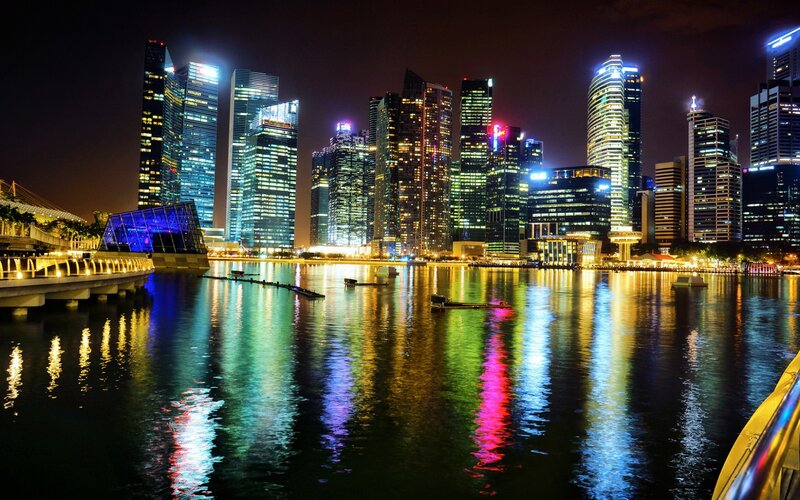 Singapore Skyline at Night — Blue, Dramatic, Photograph, Skyscrapers, Water, Bridge