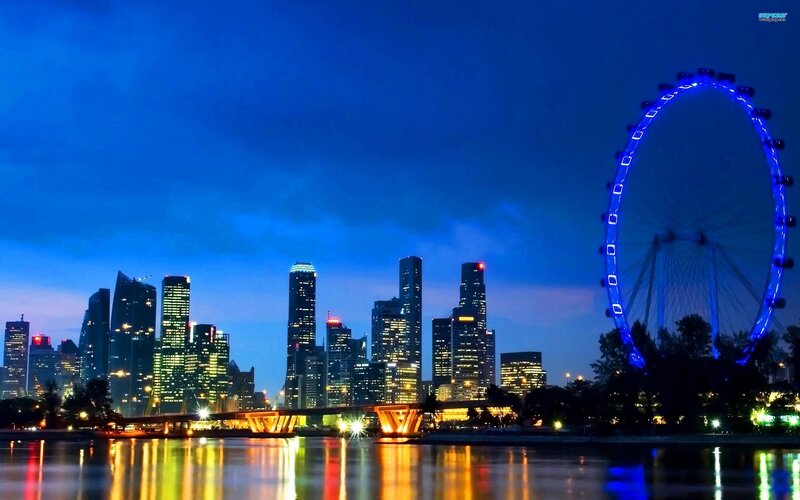 Singapore Skyline at Night — Blue, Serene, Photograph, Skyscraper, Ferris Wheel