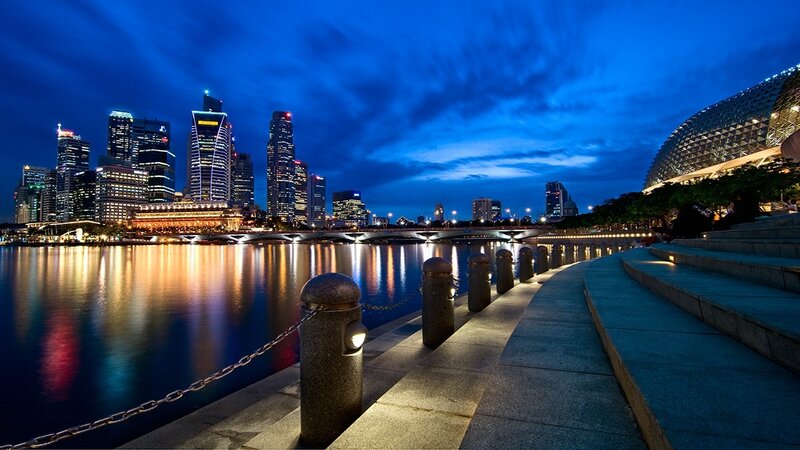 Singapore Skyline at Night — Blue, Serene, Photograph, Skyscrapers, River, Bridge, Steps