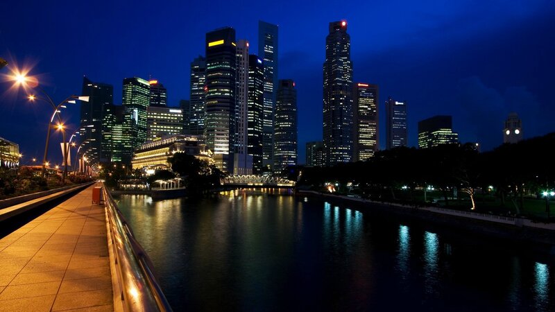 Singapore Skyline at Night — Blue, Serene, Photograph, Skyscrapers, River
