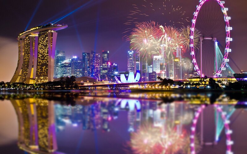 Singapore Skyline at Night — Purple, Festive, Photograph, Fireworks