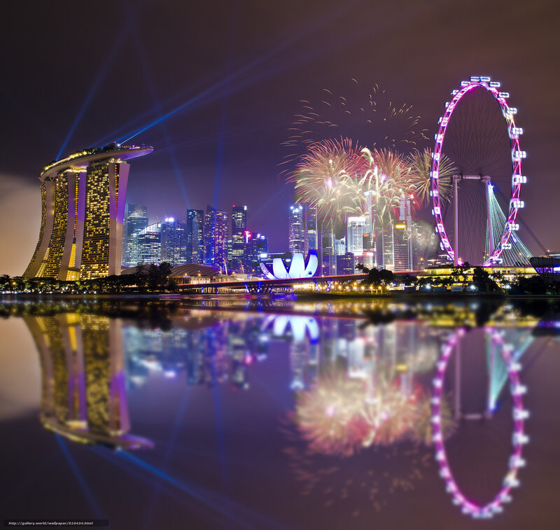 Singapore Skyline at Night — Purple, Festive, Photograph