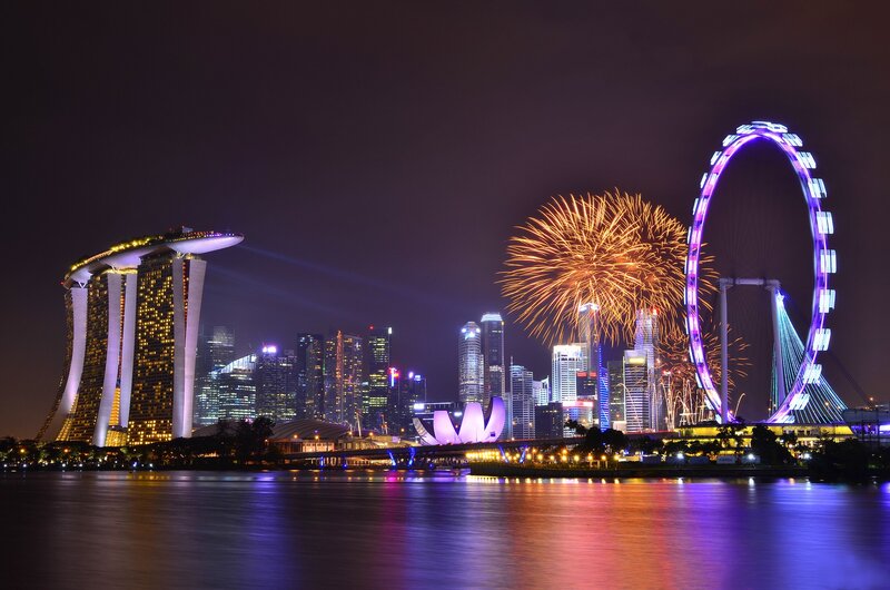 Singapore skyline at night with fireworks