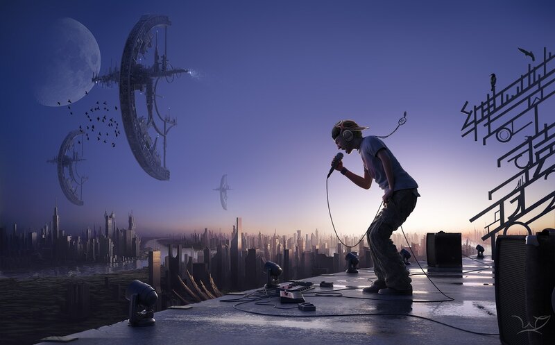 Singer on a futuristic rooftop