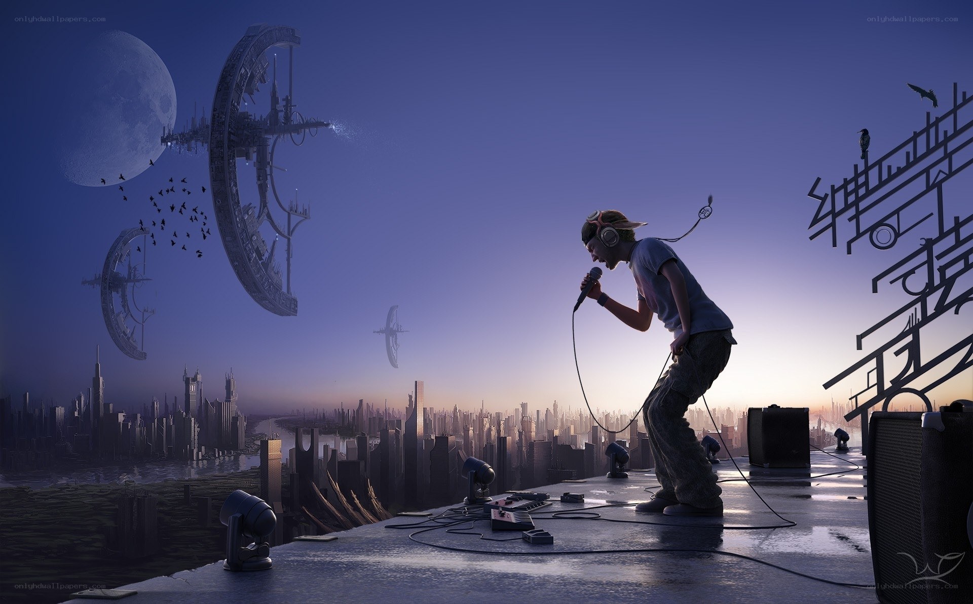 Singer on a futuristic rooftop