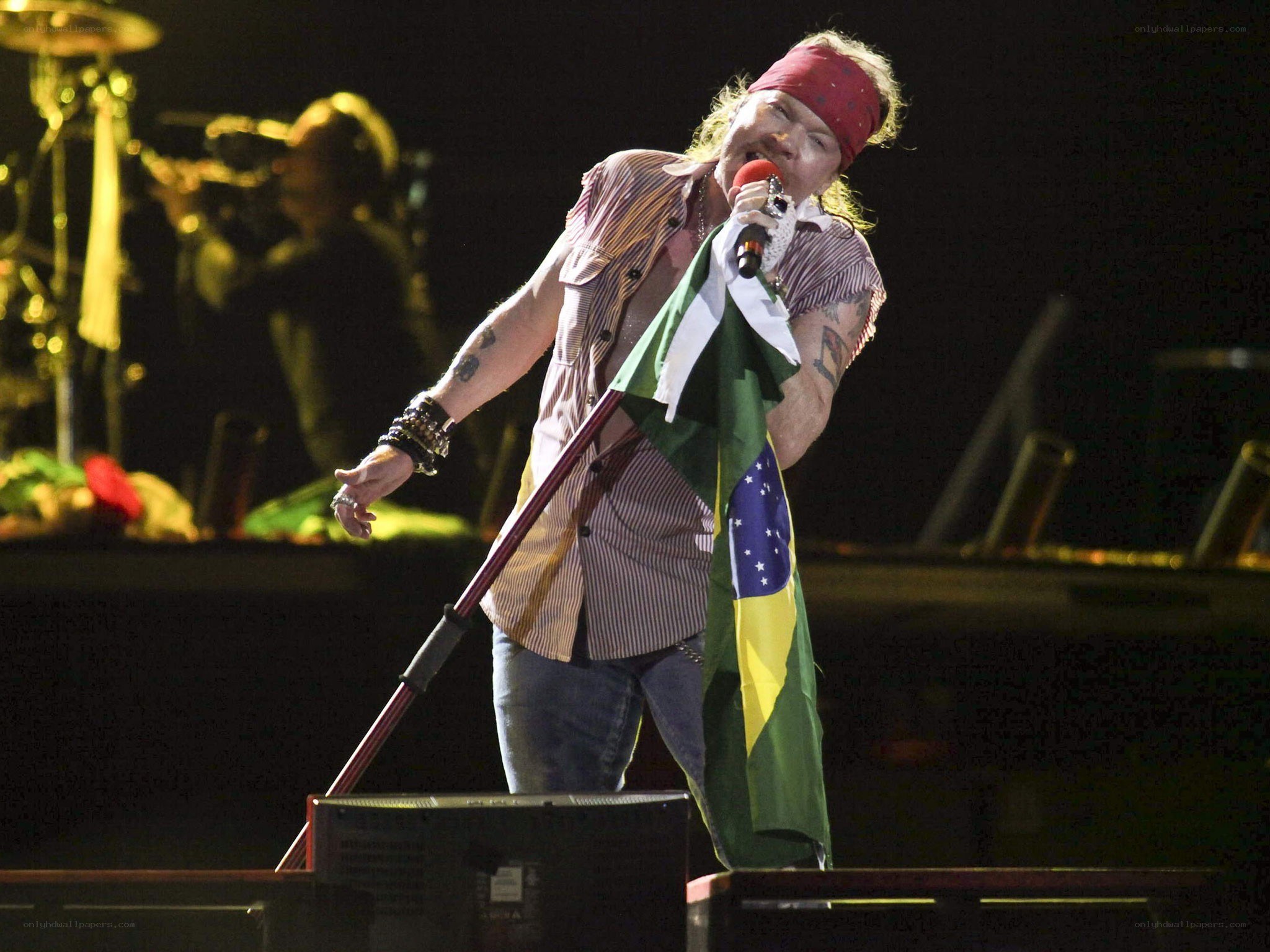 Singer on stage with Brazilian flag