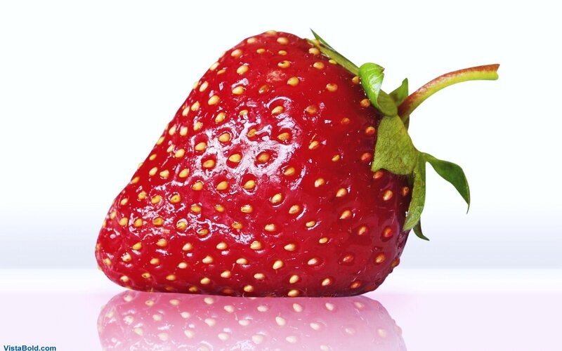 Single Red Strawberry — Neutral, Photograph, Green Leaves, Stem