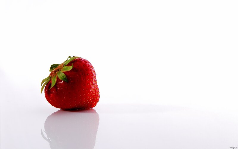Single Strawberry — Red, Minimalist, Photograph, Green Leaves, Reflection, White