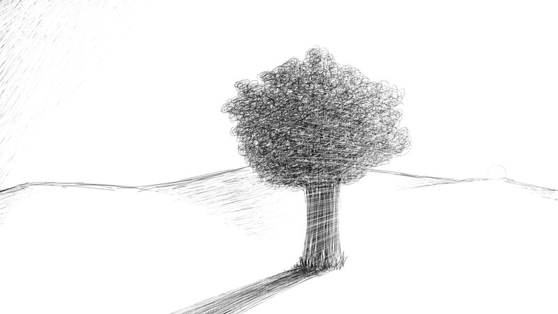 Single Tree on Hill — Black, Minimalist