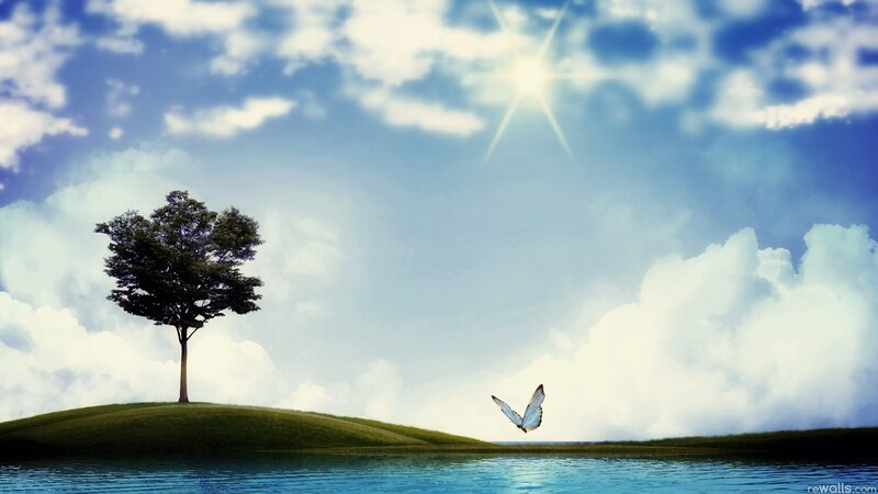 Single Tree on Hill — Blue, Serene, Afternoon, Digital Art