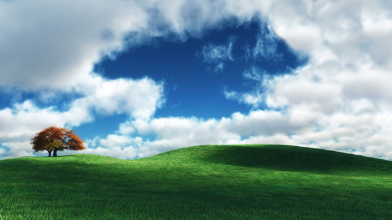 Single Tree on Hill — Green, Serene, Afternoon, Digital Art, Clouds