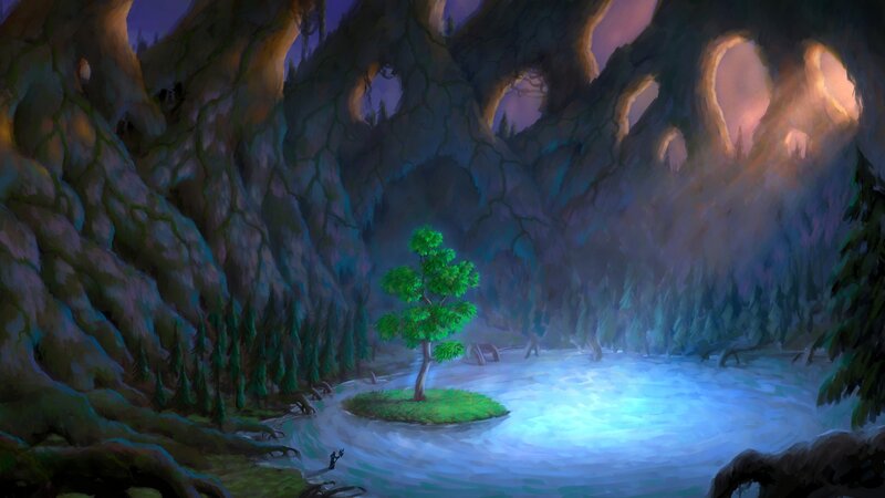 Single Tree on Island — Blue, Serene, Night