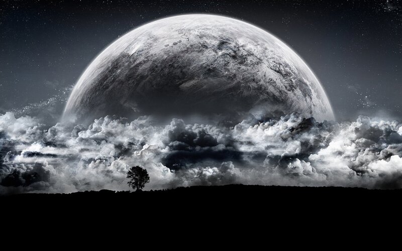 Single Tree under Planet — Black, Dramatic