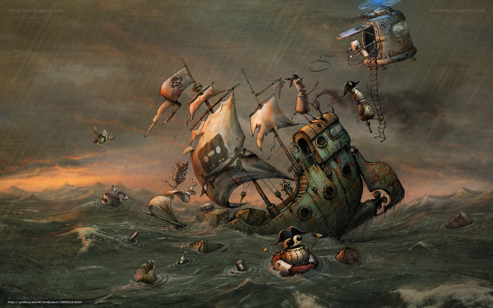 Sinking pirate ship in storm