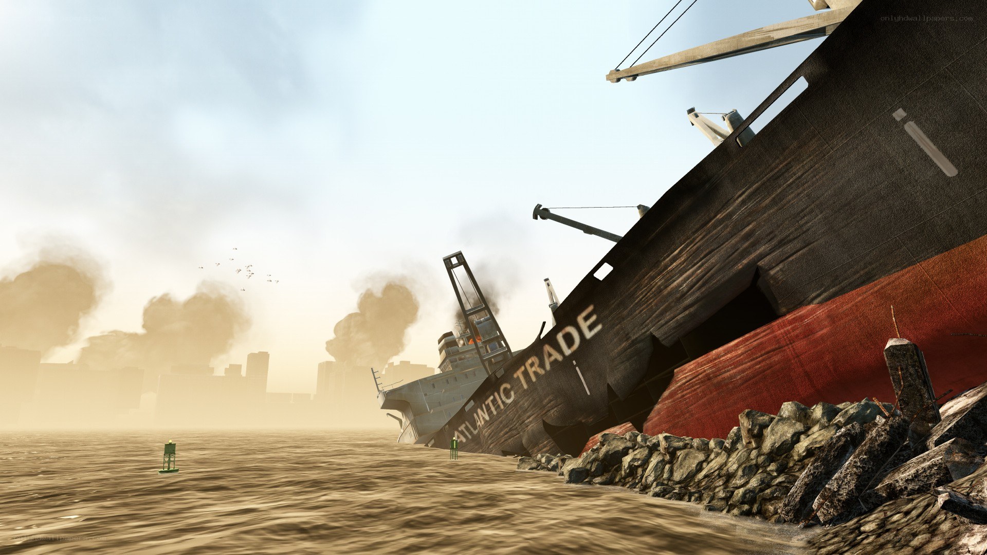 Sinking ship in a war-torn port