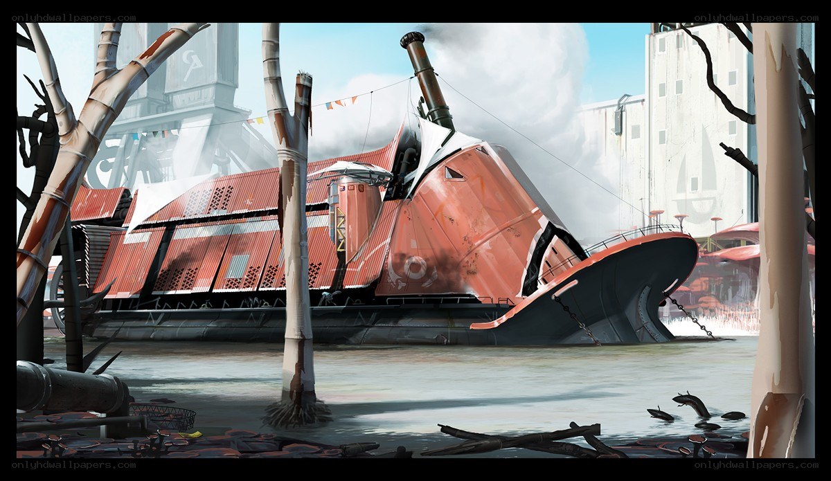 Sinking ship in industrial port